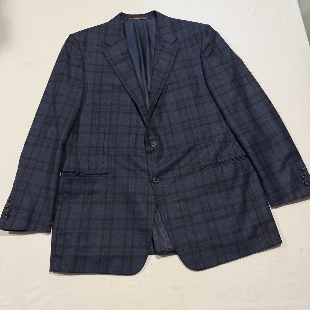 Hickey Freeman 46L Mens Navy Blue Plaid Wool Sport Coat Blazer Madison Ave USA